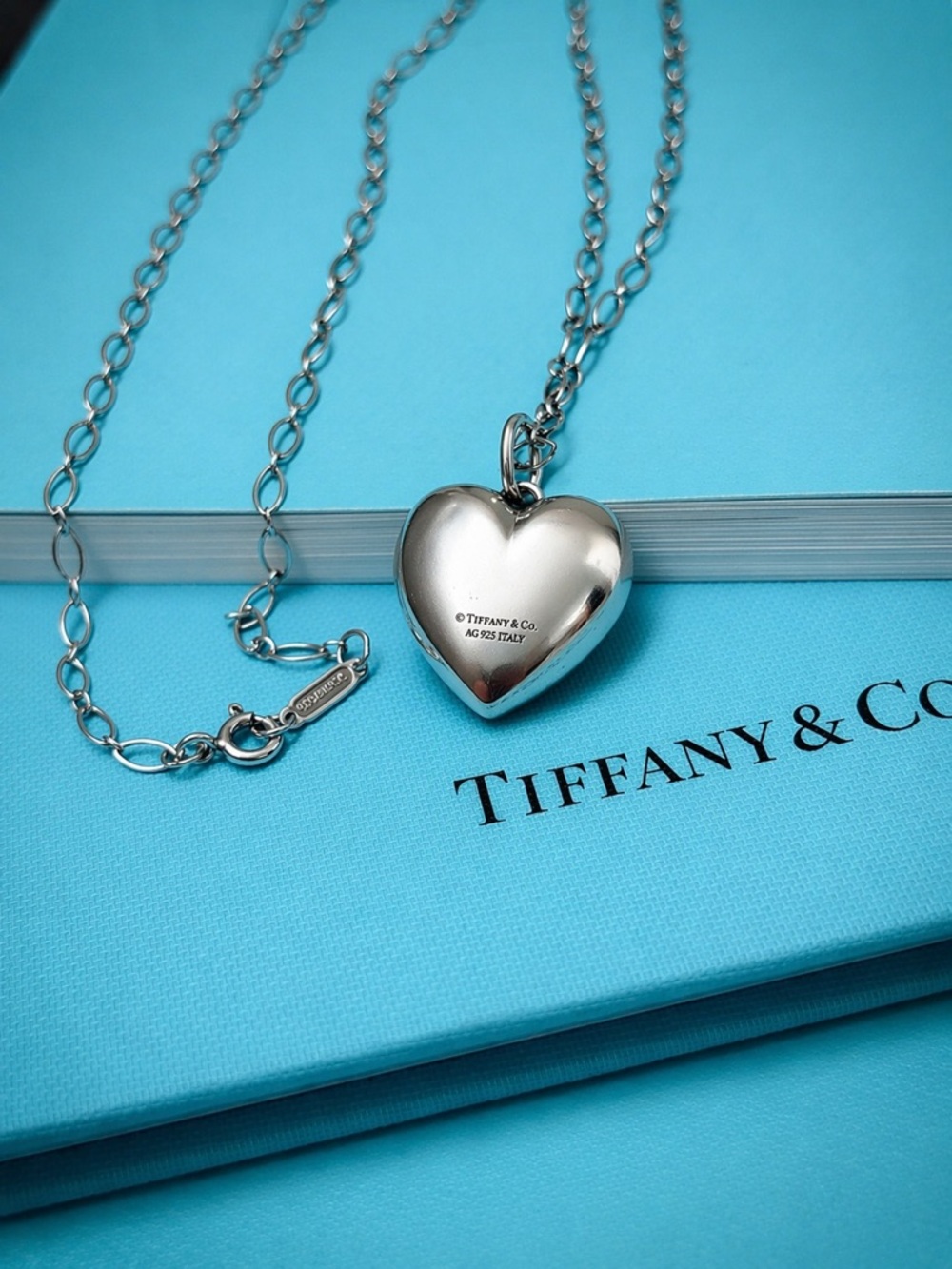 Guaranteed Authentic Tiffany & Co Puff Heart Pendant on 30” Rare Link Chain